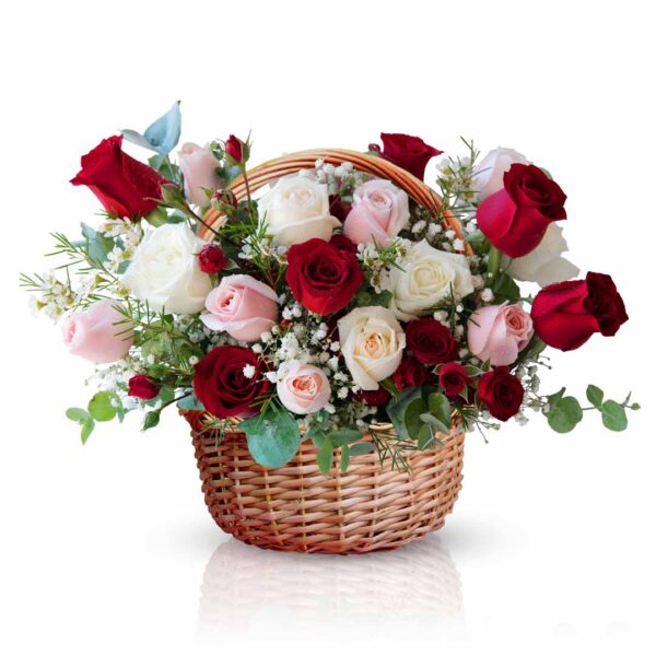 Color Burst Roses in Wooden Basket
