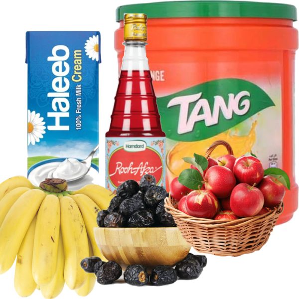 Ramadan Pacakege Pack of 6 - Tang 2500g, Haleeb Milk, Bananas, Apple, Roohafza & Ajwa Dates