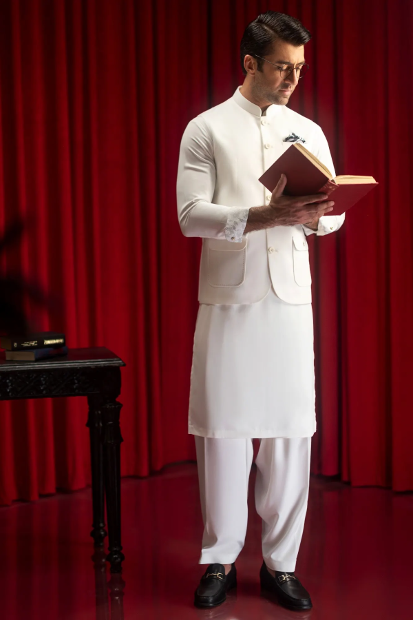 WOLFS BURG - OFF WHITE KAMEEZ SHALWAR+WAISTCOA 1 Wolfs Burg - Off White Kameez Shalwar+Waistcoat